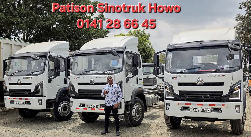 Three new white Sinotruk Howo M3 Rigid 5200MM trucks delivered to Shechem Events, registrations KDY 059X, KDZ 341F and KDY 304X, lined up in the yard with a man standing in front